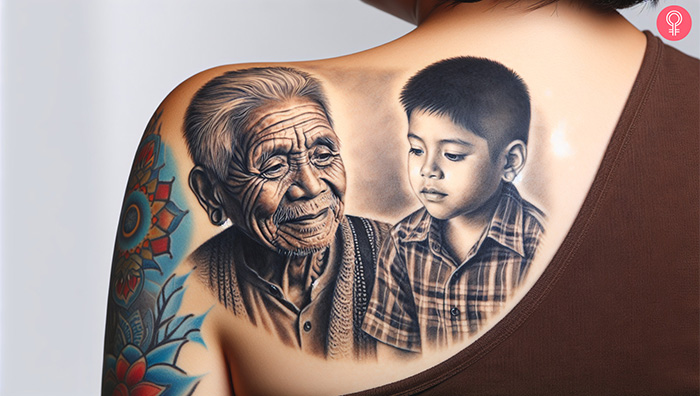 A grandfather and grandson portrait tattoo on the shoulder blade